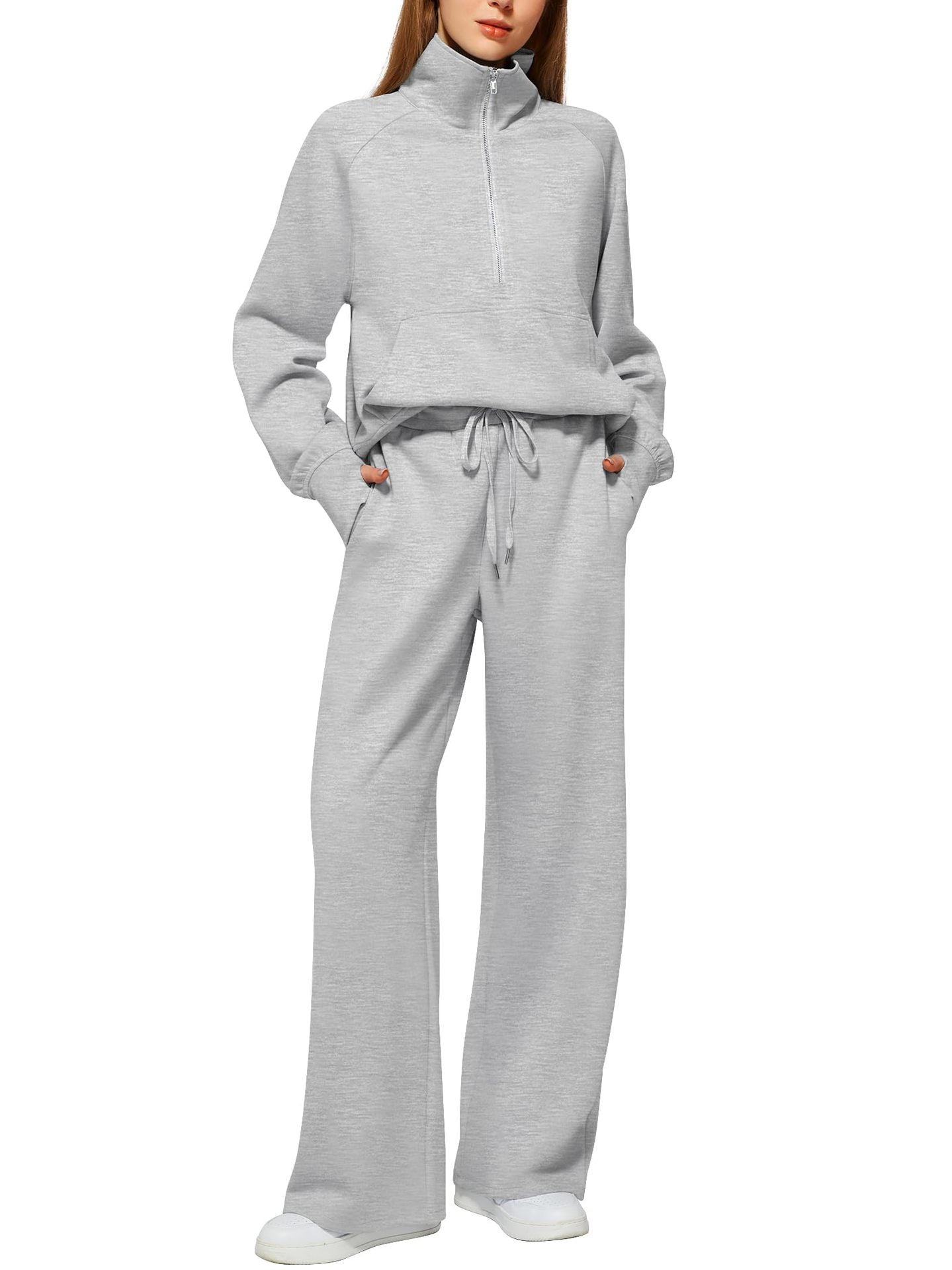 ⏰BUY 2 FREE SHIPPING 💥 Women's Solid Color Cotton Half Zip Two-Piece Set