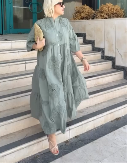 Solid color imported embossed scallop cotton dress