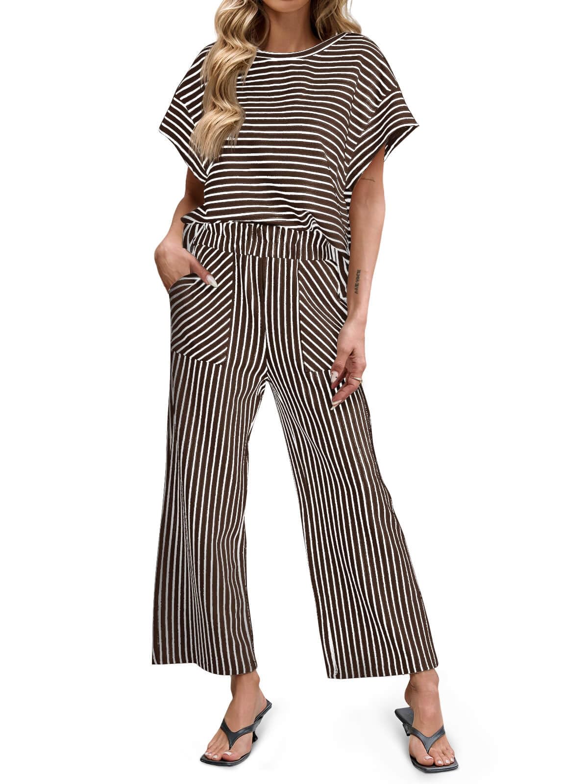 ⏰ LAST DAY SAVE 50% 💥Womens Striped Short Sleeve T Shirts Wide Leg Pants Matching Lounge Set