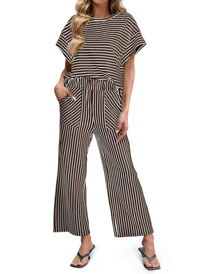 ⏰ LAST DAY SAVE 50% 💥Womens Striped Short Sleeve T Shirts Wide Leg Pants Matching Lounge Set
