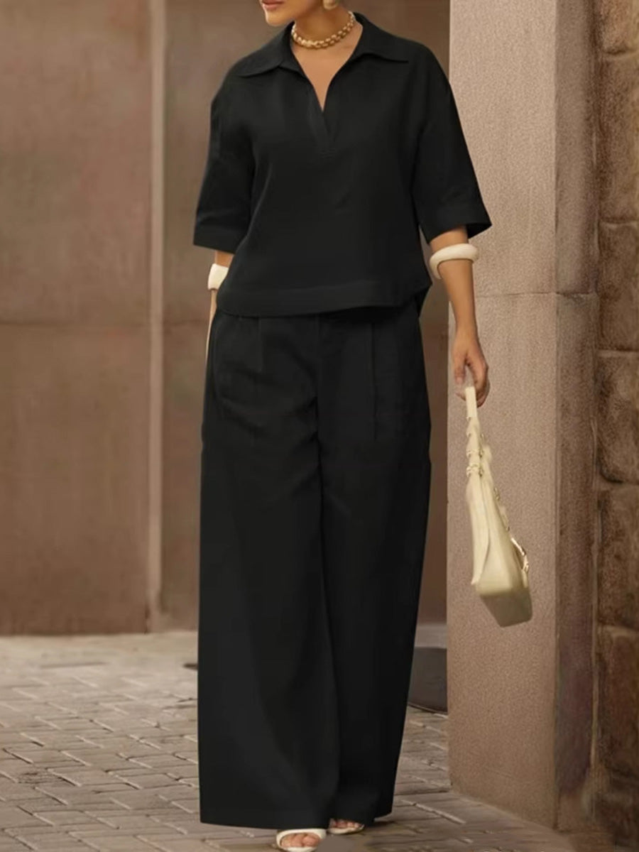 🎁New Arrivals🔥Solid Color Cotton And Linen Half Sleeves Lapel Blouses High Waisted Pants Two Pieces Set