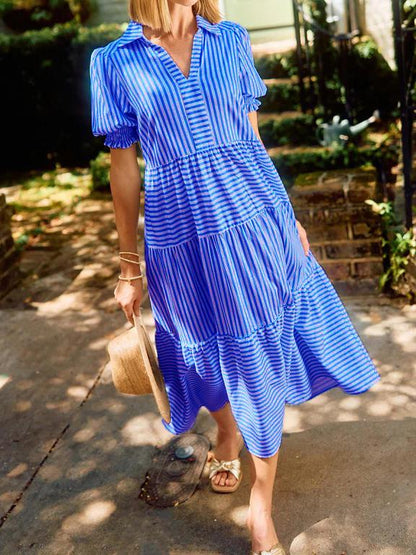 NEW🔥 V-Neck Pleated Short Sleeve Striped Shirt Dress