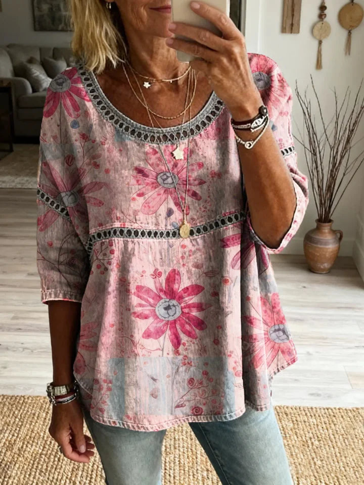 New Arrivals🔥Women's Bohemian Vintage Floral Art Print Casual Round Neck Cutout Top