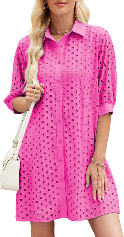 Womens Summer Shirt Dress Eyelet Hollow Out Short Dress with 3/4 Sleeves Button Down Casual Dress Summer Beach Dress