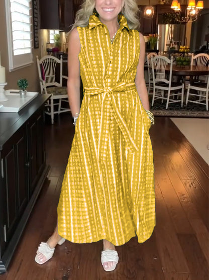 New🔥 Lapel Button Printed Waistband Dress