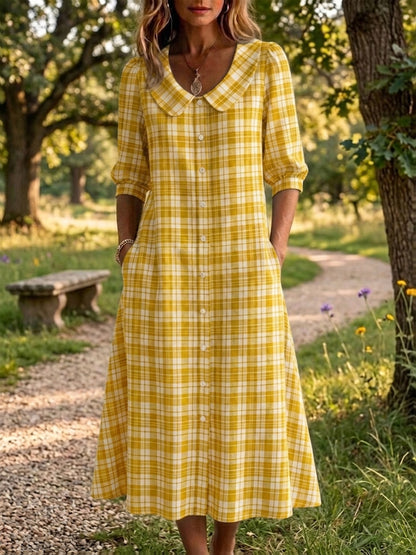New Arrivals🔥 Women's Retro Peter Pan Collar Stripe Print Cotton Linen Dress