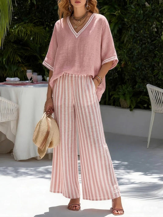 New Arrivals🔥Loose-fit V Neck Striped Cotton Linen Two-piece Set