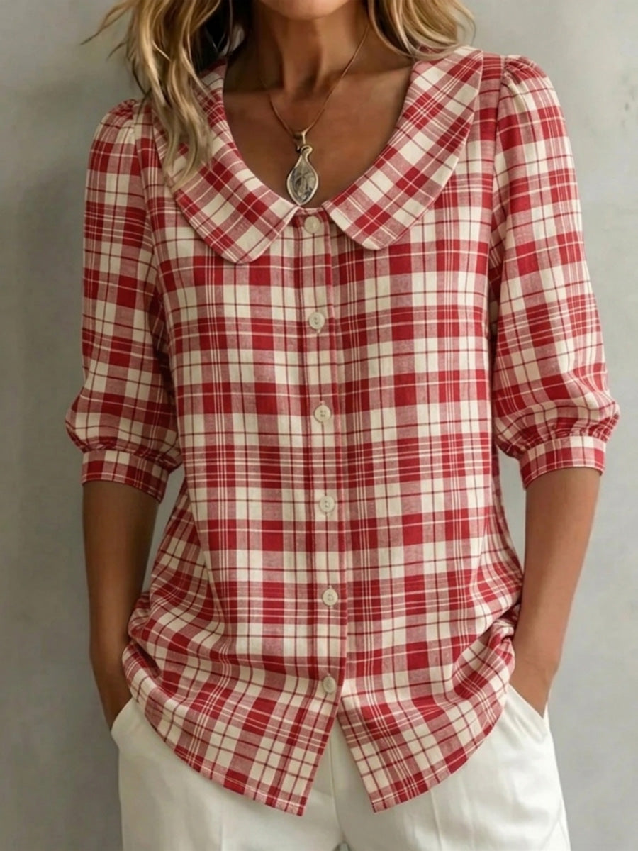 🔥CLEARANCE SALE🔥 Women's Classic Vintage Checkered Cotton Linen Blouse