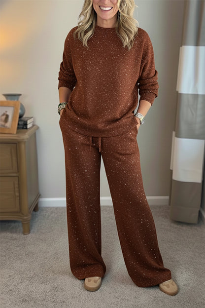 🎄 New Arrivals🔥 Cozy Travel Crew Neck Shiny Sweatshirt and Pant 2 Piece Sets