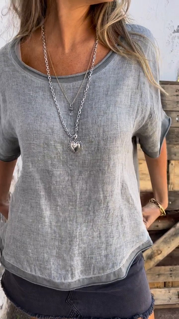 🎄Christmas Sale🔥Women's Summer Casual Linen Round Neck Short Sleeve Top