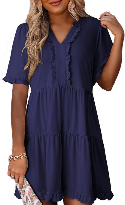 Womens Dresses 2025 Summer Spring V Neck Short Sleeve Casual A Line Flowy Swing Shift Dress Mini Dress
