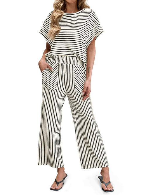 ⏰ LAST DAY SAVE 50% 💥Womens Striped Short Sleeve T Shirts Wide Leg Pants Matching Lounge Set