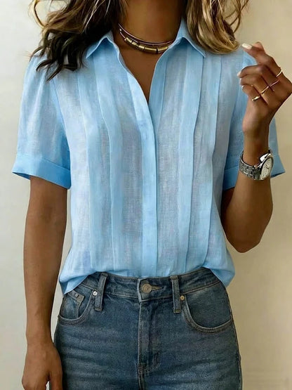 Clearance Sale🔥 Women's Lapel Short-sleeved Casual Loose Pleated Cotton And Linen Shirt
