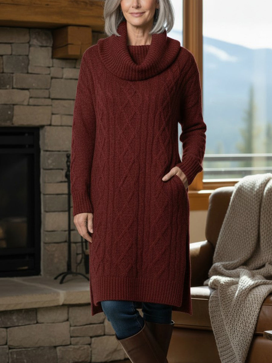 New Arrivals🔥 Legant Cowl Neck Long Sweater Dress - Flattering Cable Knit Winter Tunic With Side Slits & Pockets