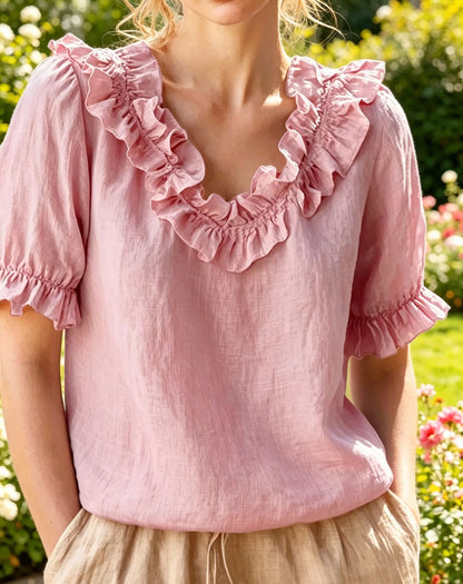 NEW🌸Women's V-neck Short-sleeved Casual Ruffle Trim Loose Cotton Blouse Top