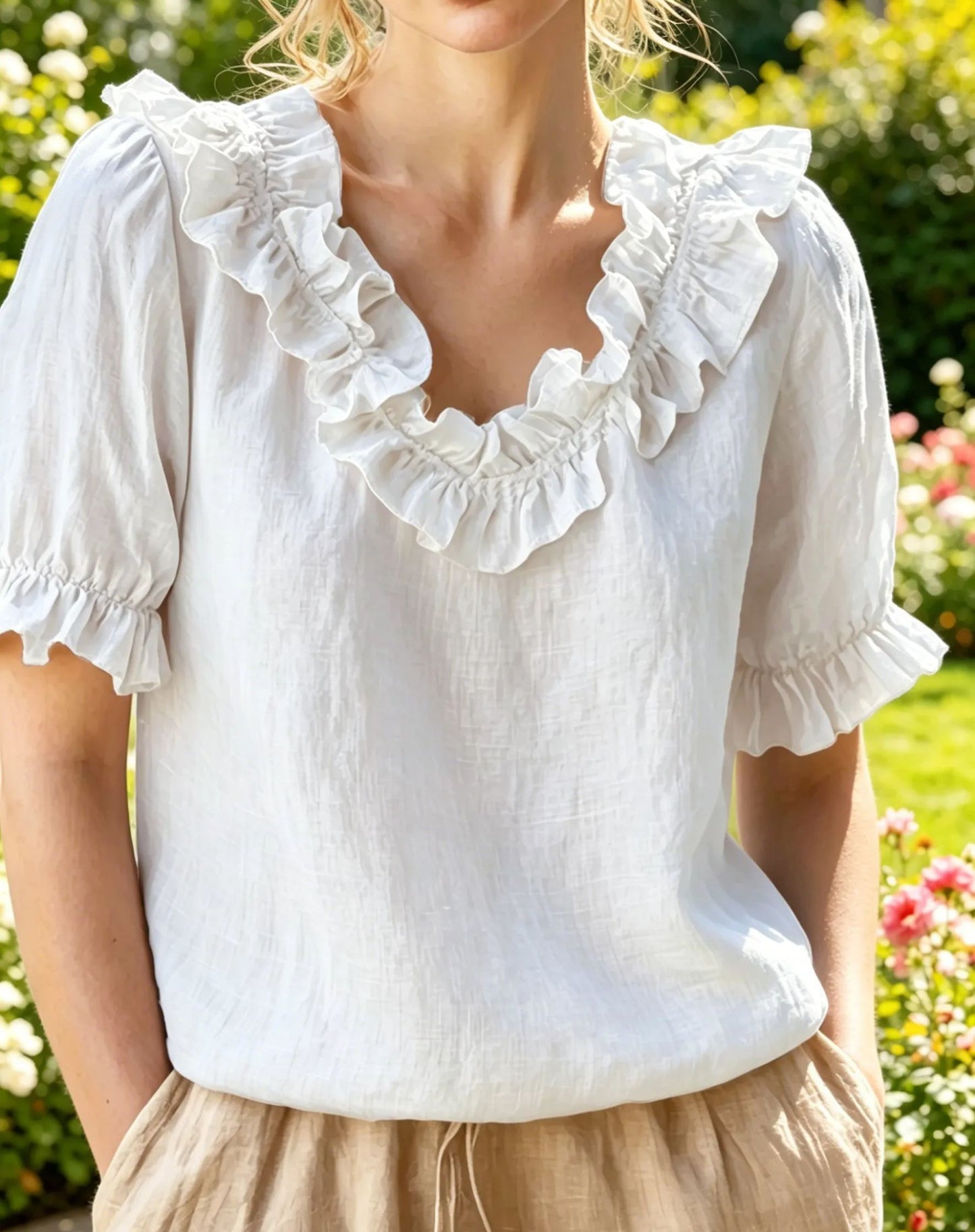 NEW🌸Women's V-neck Short-sleeved Casual Ruffle Trim Loose Cotton Blouse Top