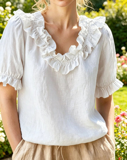 NEW🌸Women's V-neck Short-sleeved Casual Ruffle Trim Loose Cotton Blouse Top