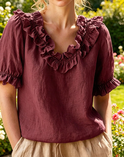 NEW🌸Women's V-neck Short-sleeved Casual Ruffle Trim Loose Cotton Blouse Top