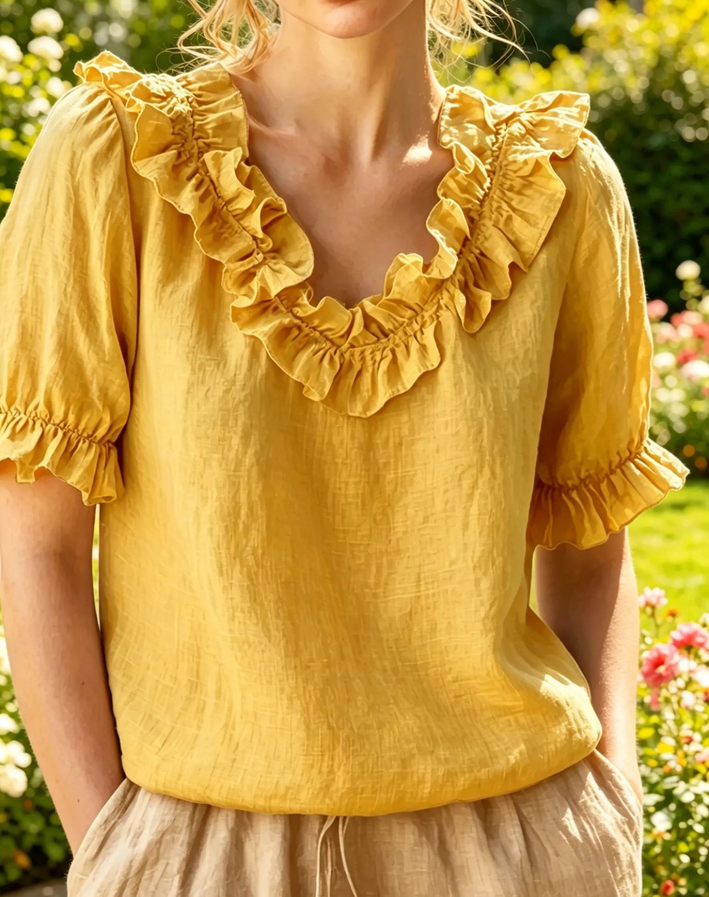 NEW🌸Women's V-neck Short-sleeved Casual Ruffle Trim Loose Cotton Blouse Top
