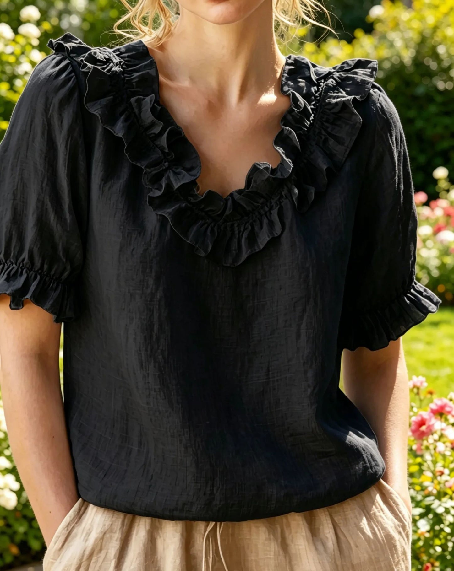 NEW🌸Women's V-neck Short-sleeved Casual Ruffle Trim Loose Cotton Blouse Top