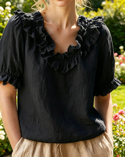 NEW🌸Women's V-neck Short-sleeved Casual Ruffle Trim Loose Cotton Blouse Top