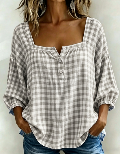 🌸Today 50% OFF🌸Women’s Cotton Linen Gingham Square-Neck Short-Sleeve Top
