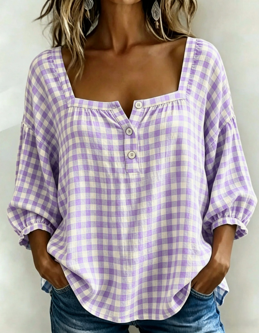 🌸Today 50% OFF🌸Women’s Cotton Linen Gingham Square-Neck Short-Sleeve Top