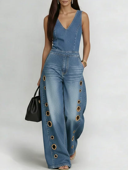 Women's V-neck Sleeveless Casual Loose Denim Wide-leg Jumpsuit