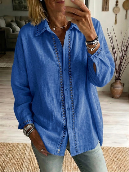 NEW🔥Women's Casual Long-sleeve Linen-cotton Shirt With Spliced cutout Webbing