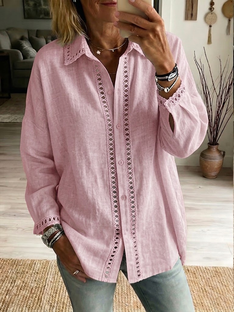 NEW🔥Women's Casual Long-sleeve Linen-cotton Shirt With Spliced cutout Webbing