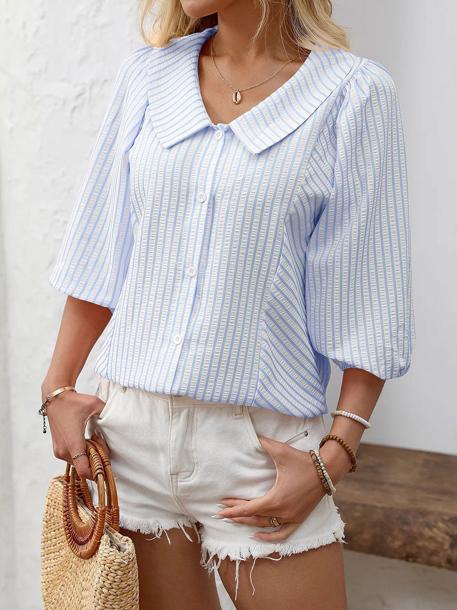 Women's Striped Puff Lapel Sleeve Shirt