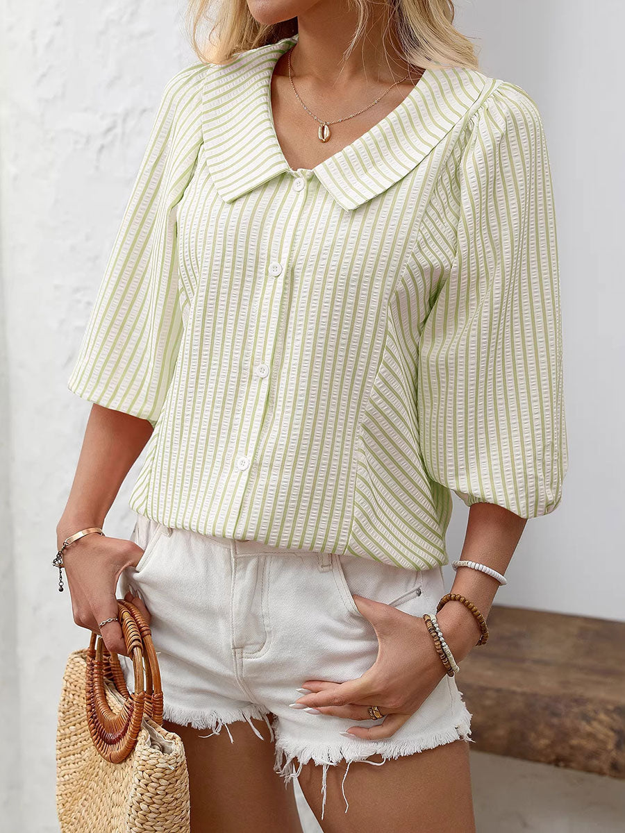 Women's Striped Puff Lapel Sleeve Shirt