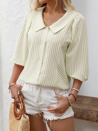Women's Striped Puff Lapel Sleeve Shirt