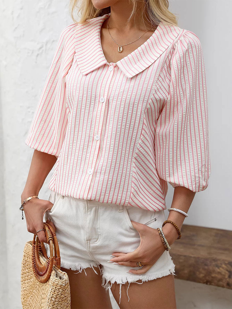 Women's Striped Puff Lapel Sleeve Shirt