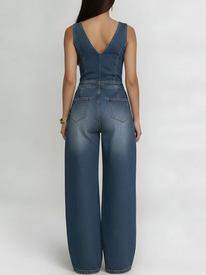 Women's V-neck Sleeveless Casual Loose Denim Wide-leg Jumpsuit