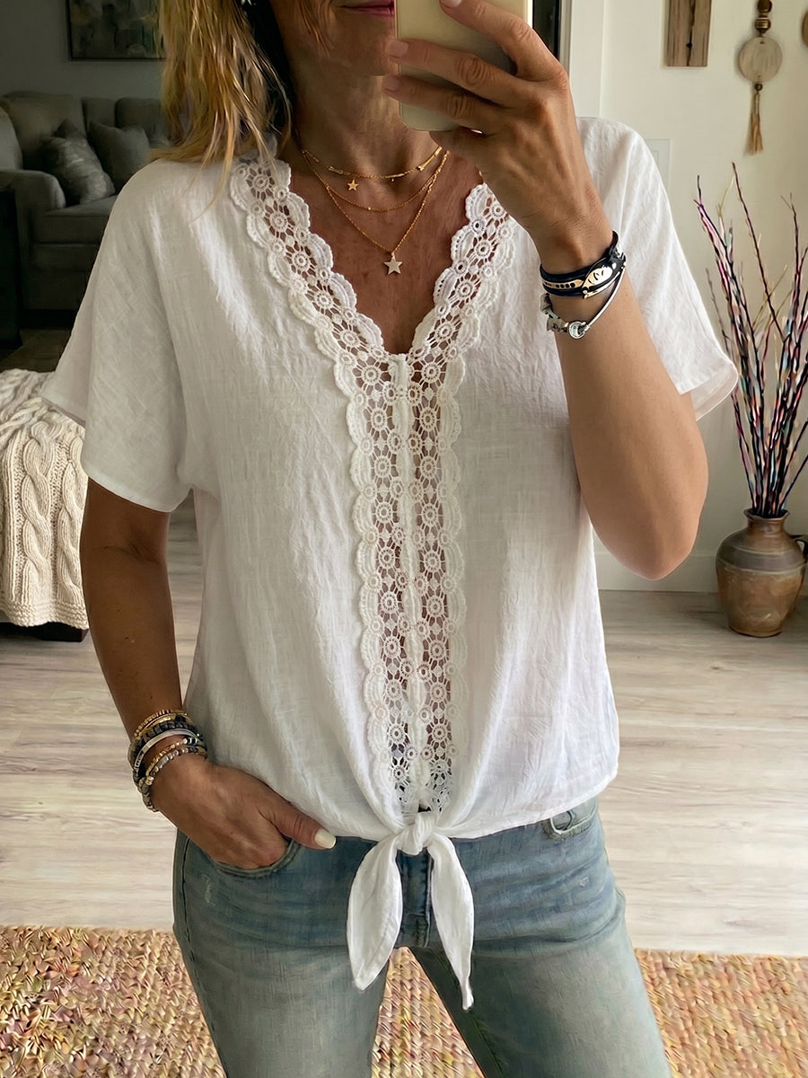 Women's V-neck Short-sleeve Lace Splicing Cotton-linen Shirt