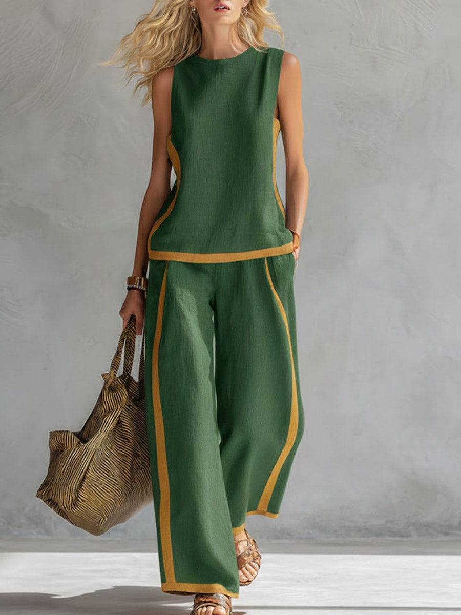 New Arrivals🔥 Women's Round Neck Sleeveless Casual Loose Top & Loose Wide-leg Pants Cotton and Linen Set