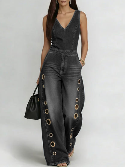 Women's V-neck Sleeveless Casual Loose Denim Wide-leg Jumpsuit
