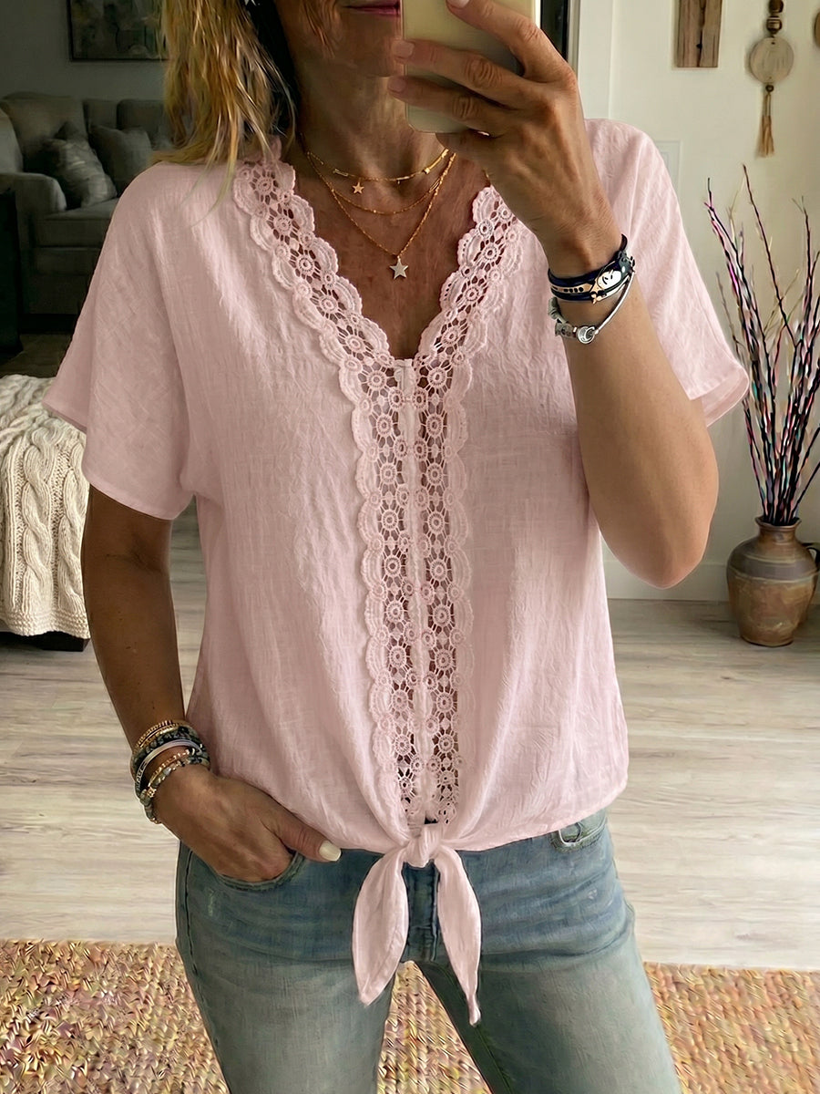 Women's V-neck Short-sleeve Lace Splicing Cotton-linen Shirt