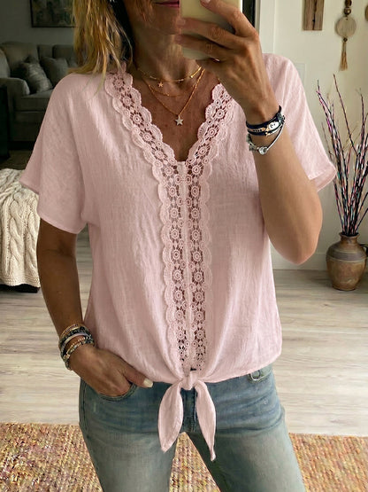 Women's V-neck Short-sleeve Lace Splicing Cotton-linen Shirt