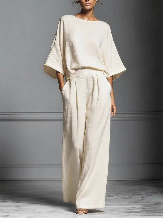 Women's Elegant Bell-sleeve Round Neck Linen Suit