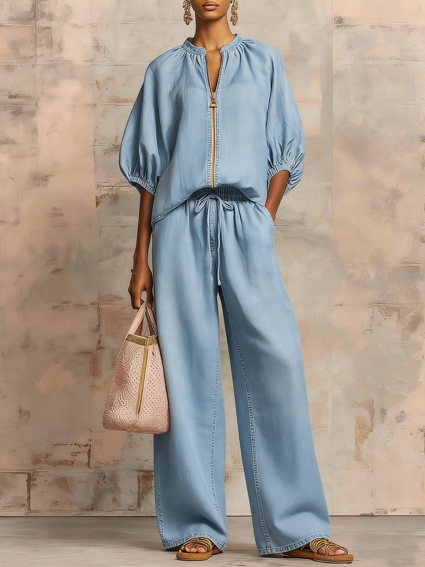 New Arrivals🔥Cozy Stylish Zip-up Top And Wide-leg Jeans Set