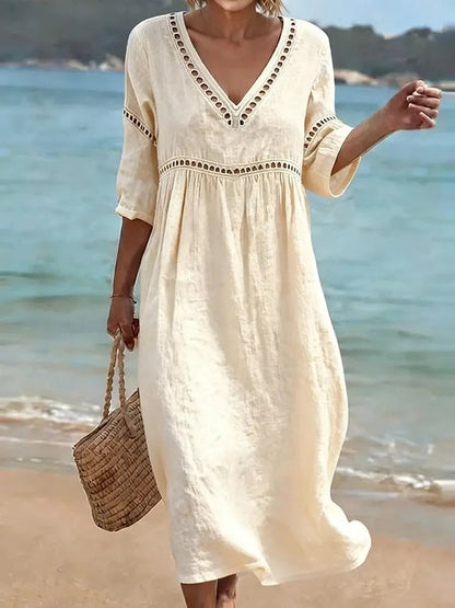 New Arrivals🔥Women's Solid Color Retro Casual Stylish Vacation Cotton Dress