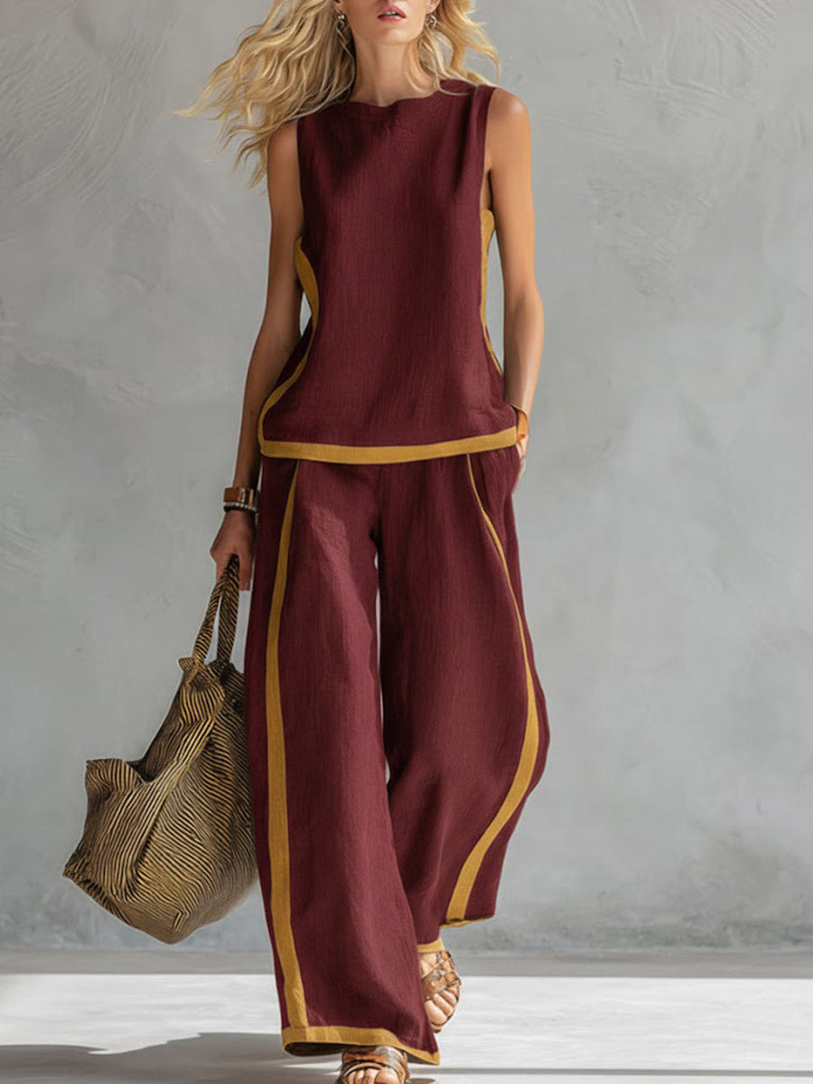 New Arrivals🔥 Women's Round Neck Sleeveless Casual Loose Top & Loose Wide-leg Pants Cotton and Linen Set