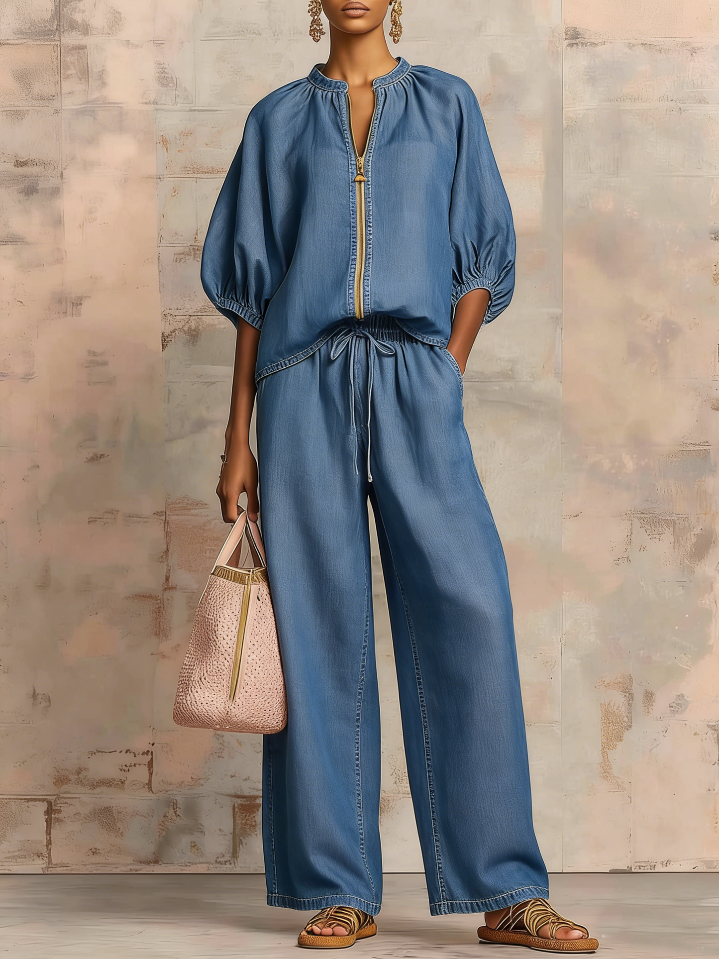 New Arrivals🔥Cozy Stylish Zip-up Top And Wide-leg Jeans Set