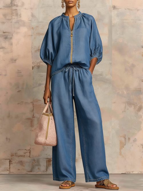 New Arrivals🔥Cozy Stylish Zip-up Top And Wide-leg Jeans Set