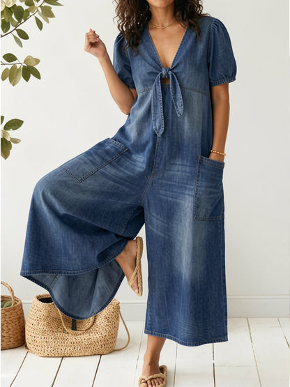 Women's Casual Loose Short-sleeved V-neck Denim Jumpsuit