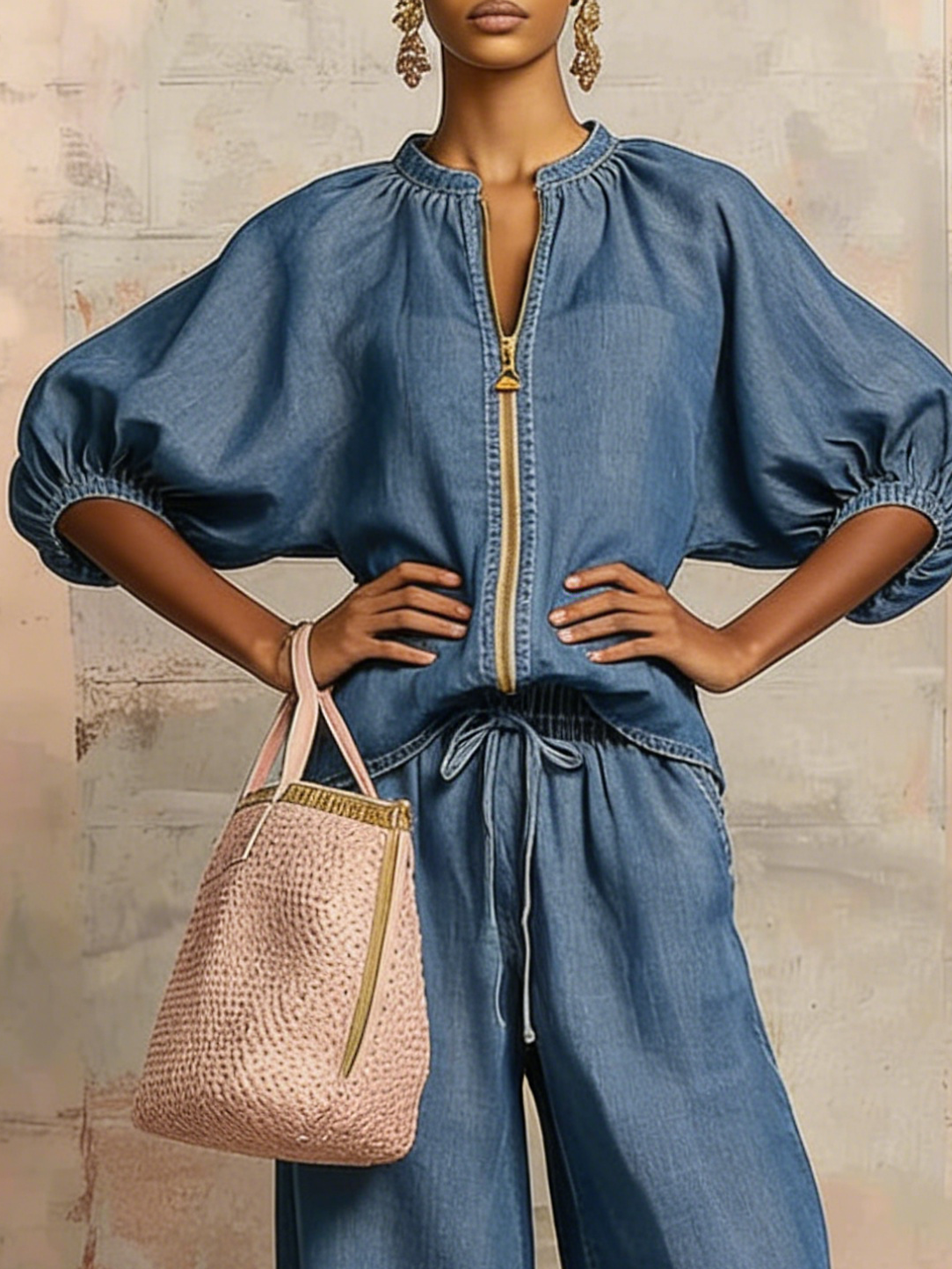 New Arrivals🔥Cozy Stylish Zip-up Top And Wide-leg Jeans Set