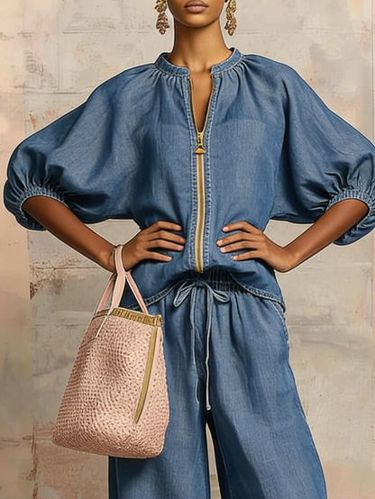 New Arrivals🔥Cozy Stylish Zip-up Top And Wide-leg Jeans Set