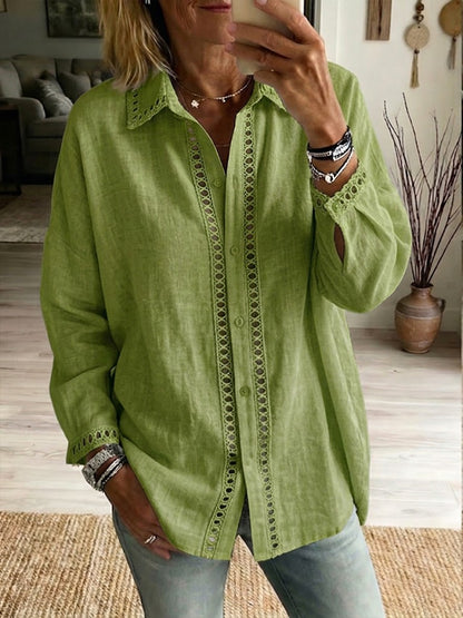 NEW🔥Women's Casual Long-sleeve Linen-cotton Shirt With Spliced cutout Webbing